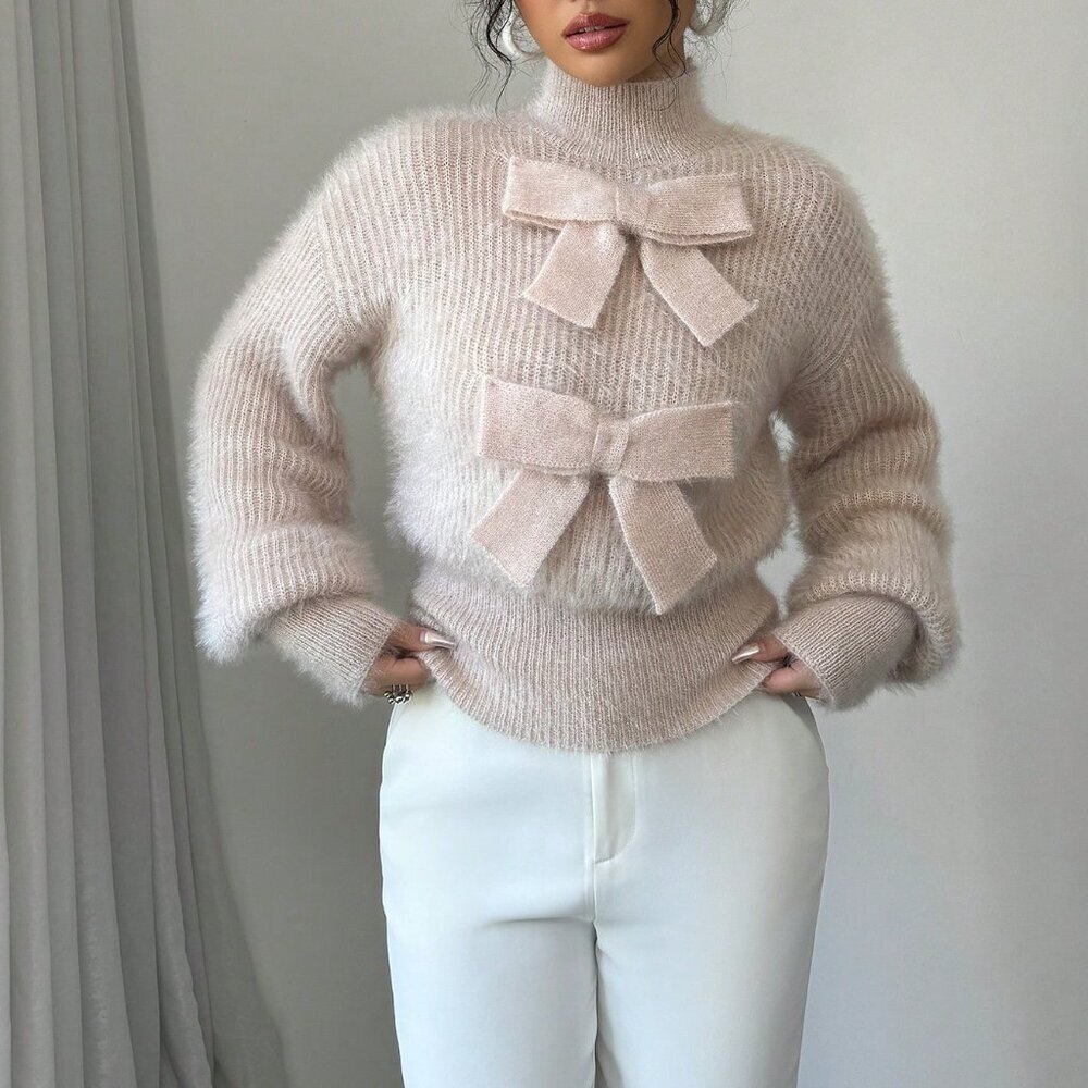 Apricot Casual Women's Stand Collar Bow Decor Sweater